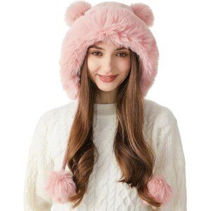 Women pink Winter Sherpa Beanie Hats Knit Ear Flaps Peruvian Cover Ears